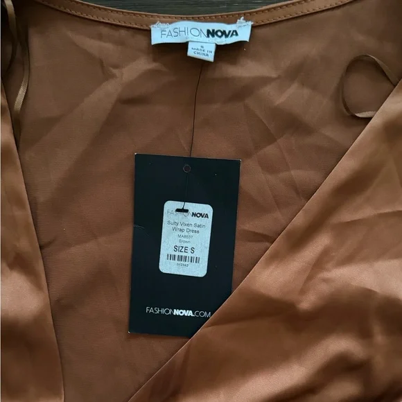 NWT Fashion Nova Sultry Vixen Satin Wrap Dress - Brown - Size S - Picture 3 of 3